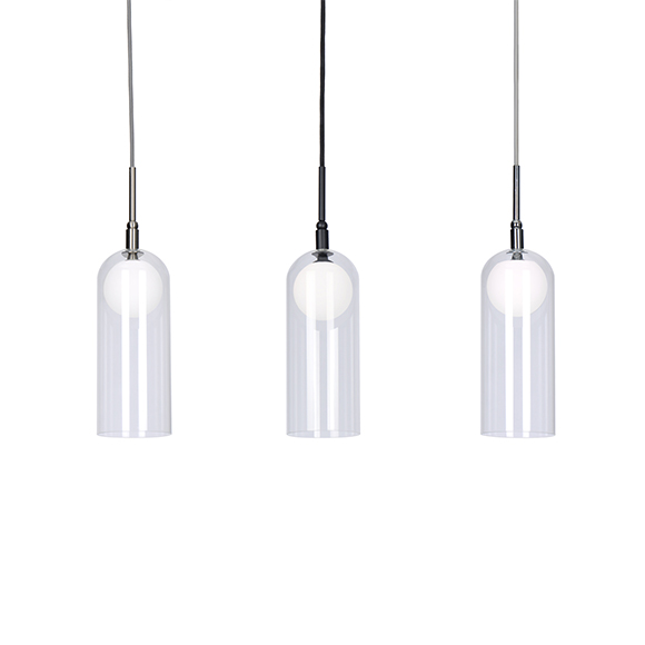 Stylo, Mini suspension LED avec abat-jour en verre clair reposant sur une sphère blanche en acrylique opalin, offerte en noir, argent brossé ou chrome. Stylo, Mini suspension LED avec abat-jour en verre clair reposant sur une sphère blanche en acrylique opalin, offerte en noir, argent brossé ou chrome.